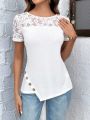 EMERY ROSE Ladies' Lace Spliced Button Detail Asymmetrical Hem T-shirt