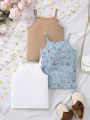 SHEIN Kids EVRYDAY 3pcs/Set Toddler Girls' Knitted Floral & Solid Color Camisole Tank Tops