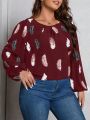 SHEIN LUNE Plus Feather Print Lantern Sleeve Ruched Front Blouse