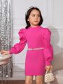 SHEIN Kids FANZEY Young Girl Mock Neck Puff Sleeve Dress Without Belt