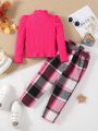 SHEIN Kids SUNSHNE New Arrival Girls' Bubble Sleeve Shoulder Plaid Blouse With Belt And Straight Leg Pants Set