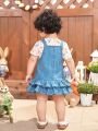 SHEIN Baby Girl's Cute Denim Style Ruffle Hem Overall Skirt With Cartoon Pattern Short Sleeve Top Outfit