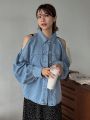 DAZY Cold Shoulder Button Front Cold Shoulder Denim Blouse