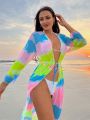 SHEIN Swim Vcay 1pc Women's Tie-Dye Kimono With Drawstring Waist