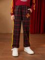 HARRY POTTER X SHEIN Tween Girl Plaid Patched Detail Contrast Tape Side Sweatpants