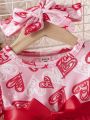 Infant Girls' Heart Print Long Sleeve Dress With Headband