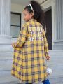 SHEIN Kids Cooltwn Girls Tartan & Slogan Graphic Drop Shoulder Shirt