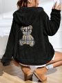 SHEIN Qutie Women's Cartoon Embroidered Plush Hooded Jacket