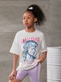 SHEIN Kids Y2Kool Girls Slogan & Figure Graphic Drop Shoulder Tee