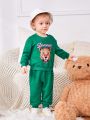 SHEIN Baby Boys' Casual Tiger & Letter Print Long Sleeve Sweatshirt With Elastic Waistband Pants Set