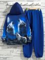 SHEIN Boys' Casual Knitted 2pcs/set Cool Animal Printed Hooded Sweatshirt And Pants Set