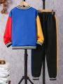 SHEIN Tween Boy 1pc Slogan Graphic Colorblock Varsity Jacket & 1pc Sweatpants