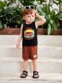 SHEIN Baby Boy Summer Coconut Tree & Car Letter Patterned Vest Top And Elastic Waist Shorts Set For Vacation