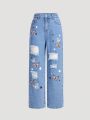 Girls' Butterfly Print Distressed Straight Leg Jeans, For Tween