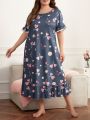 Plus Heart Print Lace Trim Ruffle Hem Nightdress