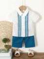 2pcs Baby Boy Casual Blue Printed Short-Sleeved Shirt And Shorts Summer Outfit