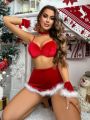 SHEIN Christmas Fuzzy Trim Underwire Lingerie Set With 1pair Gloves