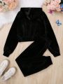 Teen Girls' Knitted Velvet Butterfly Embellished Hoodie And Jogger Pants Set, Winter