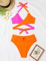 SHEIN Swim Vcay Ladies' Contrast Color Cross Design Halter-Neck Separate Swimsuit