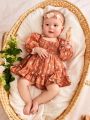 SHEIN Newborn Baby Girl'S Floral Print Ruffle Hem Long Sleeve Dress