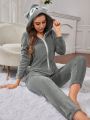 3D Ear Design Hooded Zipper Flannel Lounge Jumpsuit