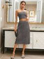 SHEIN Privé Solid Color Strapless Knitted Top And Knitted Skirt Set