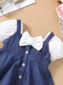 SHEIN Baby Girls' Casual Short Sleeve Top With Bow Decoration And Denim Effect Dress Set