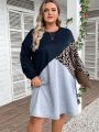 EMERY ROSE Plus Size Women's Leopard Print Color Blocked Drop Shoulder Dress
