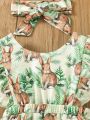 Baby Girls' Elegant Bunny Digital Print Short Sleeve Romper