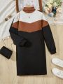 SHEIN Kids EVRYDAY Teenage Girls' Color Block Turtleneck Sweater Dress