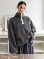 Dazy-Less Color Block Teddy Half Button Sweatshirt With Contrast Color Edges