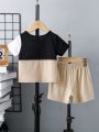 Baby Boy Street & Fashionable Letter Printed Color Block Top & Shorts Set