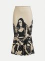 SHEIN Teen Girls' Portrait Printed T-shirt And Half Skirt