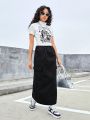 Teen Girls' Stand Collar Portrait Print T-Shirt And Split Hem Skirt With Pockets Set