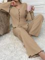 Women's Contrast Color Lettuce Edge Long Sleeve & Long Pants Pajama Set