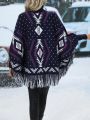 Geo Pattern Batwing Sleeve Fringe Trim Knit Poncho