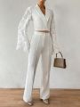 SHEIN BAE Solid Color Splicing Fringed Flare Sleeve Suit