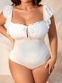 SHEIN Swim Mod Plus Size Cute White Ruffled One Piece Swimsuit With Flounce Sleeves