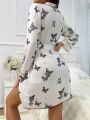 Women's Butterfly Printed Belted Robe