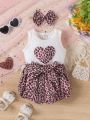 Infant Girls' Simple Heart & Leopard Embroidery Tank Top And Comfortable Shorts Summer Outfit