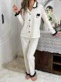 Ladies' Contrast Color Lapel Collar Long Sleeve Pajamas Set With Ear-Shaped Decoration & Long Pants