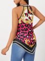 SHEIN Lady Women'S Leopard Print Patchwork Asymmetrical Hem Halter Top