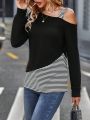 Striped Print Asymmetrical Neck Tee