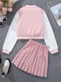 SHEIN 2pcs Girls' Baseball Jacket With Letter Embroidery And Skirt Set