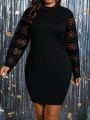 Plus Size Women's Lace Patchwork Stand Collar Dress