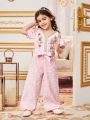 SHEIN Kids Nujoom Young Girl Flower Applique & Tape Decoration Cold Shoulder Wide Leg Jumpsuit