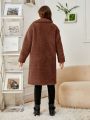 SHEIN Girls' Knitted Solid Color Reversible Fleece Collar Pockets Casual Long Coat