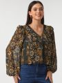 Pamile Plus Size Floral Print V-neck Long Sleeve Blouse