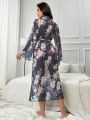 Floral Print Belted Mesh Robe Without Lingerie Set