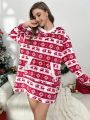 Christmas Elk & Geo Print Drop Shoulder Hooded Flannel Night Dress